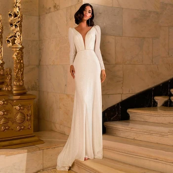 Fildişi Mermaid Glitter düğün elbisesi Kadınlar İçin Parlak Glitter Robe De Mariee Seksi 2022 Özelleştirmek Uzun Kabarık Kollu V Yaka Gelin