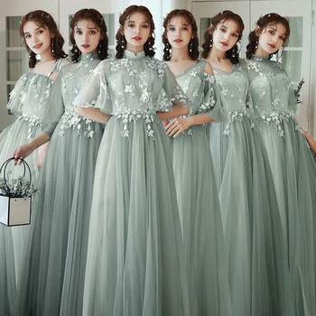 Gelinlik Modelleri Yeşil Nakış A-Line Düğün Konuk Elbise Yüksekliği Boyun Yarım Kollu Vestidos Kat Uzunluk Örgün Törenlerinde R067