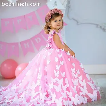 Güzel Bebek Kız doğum günü partisi elbiseleri Pembe Elbiseler 3D Kelebek Kız Kutlama Pageant Elbise balo elbisesi Çocuk Boyutu 1-14