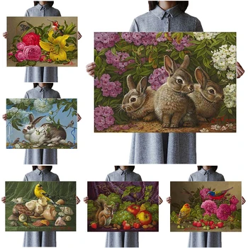 Hayvanlar Tavşan Çiçekler Kuşlar Posterler Duvar Resimleri Için Oturma Odası Ev Dekorasyonu Nordic Poster duvar sanatı tuval yağlıboya Çerçevesiz