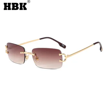 HBK Retro Çerçevesiz Güneş Gözlüğü Kadın Erkek Küçük Kare Altın Çerçeve Marka Tasarım Çay Tonları Dikdörtgen UV400 Zonnebril Gözlük