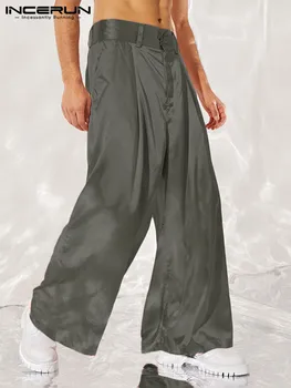 INCERUN Erkekler rahat pantolon Düz Renk Düğmesi Yüksek Bel 2022 Eğlence Geniş Bacak Pantolon Erkekler Cepler Streetwear Moda Pantalon