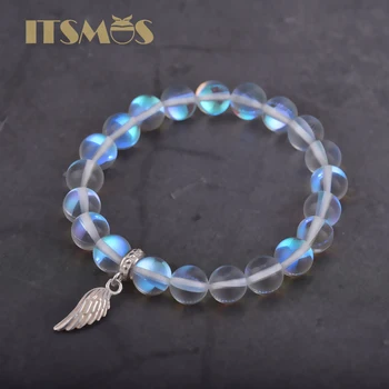 ITSMOS s925 gümüş kanatları bilezik Glitter 8mm boncuk parlayan aytaşı streç bilezik kadınlar için ışık mistik Aqua mavi gökkuşağı
