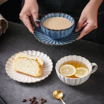 Japon Retro Seramik Kupa Büyük Kapasiteli Krizantem Şekilli Süt çay bardağı Kahvaltı Kupa Çanak Öğleden Sonra Kahve Kupa Ev için