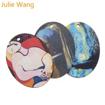 Julie Wang 3 ADET Oval Ünlü Yağlıboya Takılar Ahşap 30 * 40mm Kolye Bilezik Kolye Takı Yapımı aksesuar