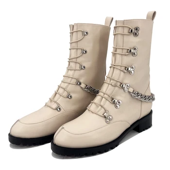 Kadın Ayakkabı Çizmeler Boyutu 34-43 Hakiki Deri Çizmeler Zincir Düşük Topuklu yarım çizmeler Metal Dekorasyon tasarım ayakkabı Sonbahar Kış
