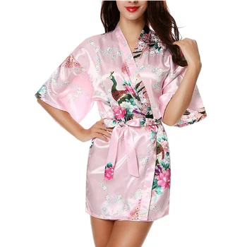 Kadın Kimono Elbiseler Saten Sabahlık Tavuskuşu ve Çiçekleri elbise Uyku Salonu Kıyafeti Kısa İpek Gelin Nedime Robe WQ08