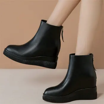 Kadınlar Geri Zip Hakiki Deri Takozlar Yüksek Topuk Platformu Ayakkabı Pompaları Kadın Yüksek Top Sivri Burun Moda Ayakkabı rahat ayakkabılar