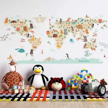 Karikatür Hayvanlar Harita duvar çıkartmaları Çocuk Odası Yatak Odası Anaokulu Duvar Dekor Vinil Pvc Duvar Çıkartmaları Sanat Resimleri Ev Dekorasyon