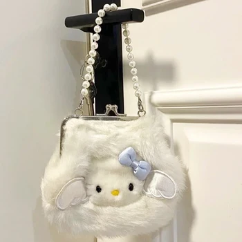 Karikatür Kawaii Sevimli beyaz Hellokitty JK yumuşak Kız Çanta basit omuz çantası Crossbody Çanta Peluş İnci Zincir Çanta Hediye