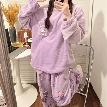 Kawaii Sanrios Hello Kitty Sıcak Pijama Kadın Kış Flanel Pijama Setleri Gecelik Anime Kuromi Benim Melody Pochacco Karikatür Hediye