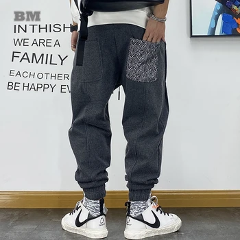 Kore Moda Hip Hop Trend Harem Sweatpants Erkekler Harajuku Gevşek Büyük Boy Kadife Rahat koşu pantolonları Artı Boyutu Kırpılmış Pantolon