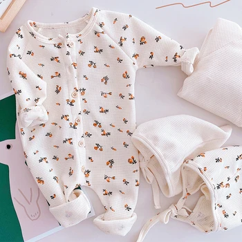 Kore Tarzı Bahar Sonbahar Bebek Kız Pijama Waffle Baskı Yenidoğan Bebek Kız Tulum + Şapka Toddler Bebek Kız Romper