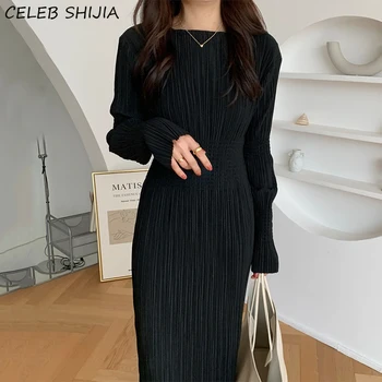 Kore Şık Streç Elbise Kadın O-boyun Elastik Yüksek Bel Pilili Elbiseler Kadın Vestido Zarif Bahar uzun kollu elbise