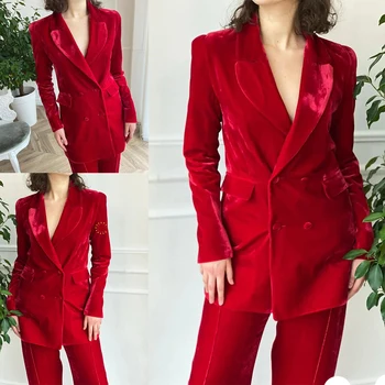 Kırmızı Kadife Ünlü Kadın Blazer Pantolon Takım Elbise Kruvaze Bayan Resmi Parti Balo Kırmızı Halı Kıyafet Ceket (Ceket + Pantolon)