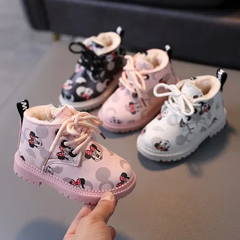 Kış Sıcak Peluş Kürk Bebek Kız Ayakkabı Ilk Yürüyüşe Dantel Up Mickey Mouse Güzel Çizmeler Sneakers Yüksek Kalite Bebek Tulumları