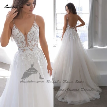 Lakshmigown Seksi Plaj düğün elbisesi Spagetti Sapanlar 2022 Elbise Sivil V boyun Boho gelin elbiseleri Aç Geri Vestidos de Noiva
