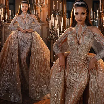 Lüks Düğün Mermaid Elbiseler Şampanya Uzun Kollu Vintage gelinlikler Custom Made Aplike Parti Elbise Vestido De Novia