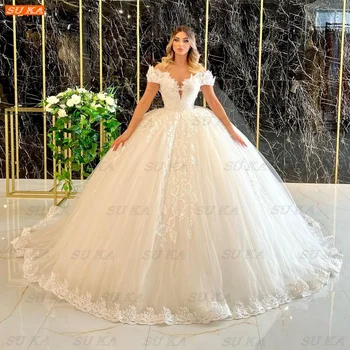 Lüks Fildişi düğün elbisesi 2022 Robe De Mariée Prenses Kabarık Tül Aplike Bayan gelin elbiseleri Balo Abito Da Sposa Yeni