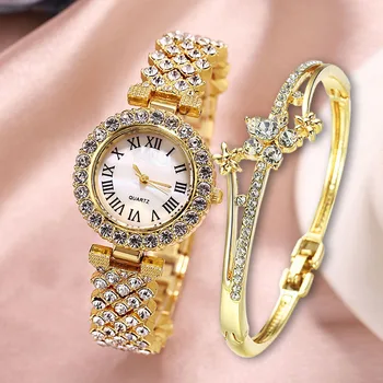 Lüks Kadın Gül Altın İzle Moda Bayanlar Kuvars Elmas Kol Saati Zarif Kadın Bilezik Saatler 2 adet Set Reloj Mujer