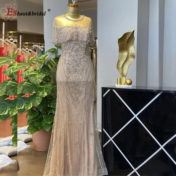 Lüks Mermaid Akşam Elbise 2022 O Boyun Boncuk Kristal El Yapımı Kısa Kollu Uzun Örgün Parti Törenlerinde Vestido de Fiesta