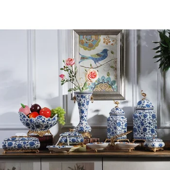 Mavi ve beyaz porselen, yeni Çin seramik bakır havlu kutusu oturma odası kahve sehpası meyve tepsisi modern klasik househo