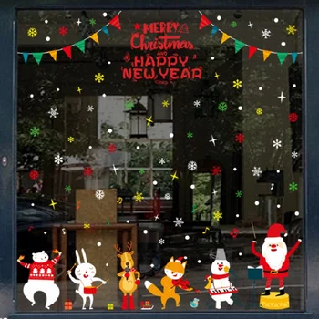Merry Christmas Karikatür duvar çıkartmaları Noel Baba Kar Yeni Yıl Hayvanlar Dekoratif Oturma Odası Vitrin Duvar süslü çıkartmalar