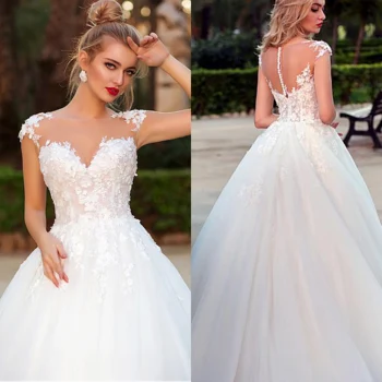 Moda 2020 Beyaz düğün elbisesi Custom Made Illusion O-boyun Beyaz Aplikler Seksi Geri gelin elbiseleri Mahkemesi Tren