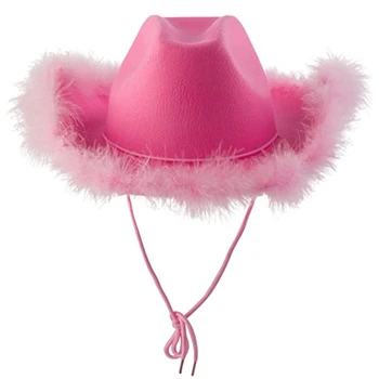 Moda Pembe Cowgirl Şapka Kabarık Tüy Ağız kovboy şapkası Batı kovboy şapkası Bekarlığa Veda Partisi Karnaval Cosplay T8NB