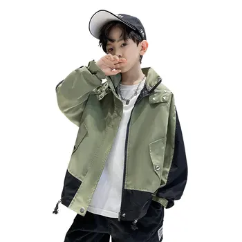 Moda çocuk giyim Erkek Kapşonlu Trençkot Patchwork Kore Rahat Sonbahar Bahar Streetwear Ceket Rüzgarlık 4-14Years