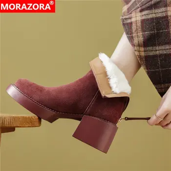 MORAZORA 2023 Yeni İnek Süet Deri Kışlık Botlar Yün Geri Zip Kare Topuklu Kar Botları Moda Bayan yarım çizmeler Boyutu 34-40