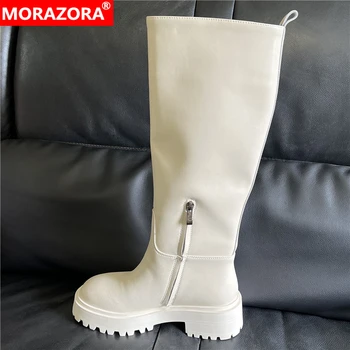 MORAZORA Artı Boyutu 34-43 Yeni Tam İnek Deri Kadın Çizmeler Üzerinde Kayma Tıknaz Platformu Diz Yüksek Çizmeler Bayanlar Sonbahar Kış Ayakkabı