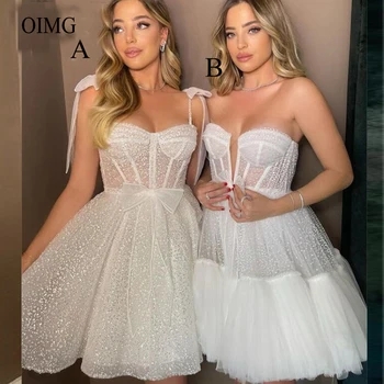 OIMG Glitter Noktalı Tül Kısa Düğün Parti Elbiseler Sevgiliye Yay Sapanlar Mini Seksi Kadınlar Balo Elbise 2022 Gelin resmi giysi
