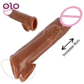 OLO Gerçekçi Penis Prezervatif Horoz 18CM Büyütücü Erkek Gecikme Boşalma Seks Oyuncakları Erkekler için Yumuşak TPE Penis Kollu Genişletici Seks Shop