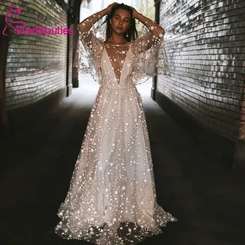 Plaj düğün elbisesi 2020 Parlak Yıldız A-line Boho Gelin Elbise Backless Yaz gelinlikler
