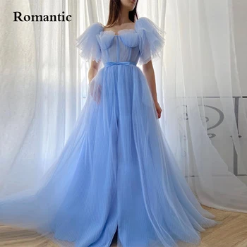 Romantik Mavi Tül Elbisesi Parti Elbiseler Zarif Puf Kollu Vestidos Illusion Kat Uzunluk Abiye Kadın Mezuniyet 2022
