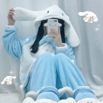 Sanrios Cinnamoroll kawaii Anime Karikatür Flanel kadın Pijama Set Kış Kalınlaşma Gecelik Ev Tekstili