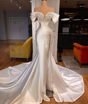 Saten Zarif düğün elbisesi İnciler Boncuk Kolsuz Kapalı Omuz Yan Yarık V Boyun Kat Uzunluk gelinlikler Vestido De Novia