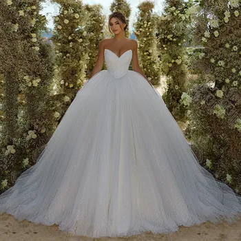 Seksi Straplez düğün elbisesi balo elbisesi Kolsuz Glitter Tül Gelin Elbiseler Robe De Mariee Plaj Gelinlikler 2023