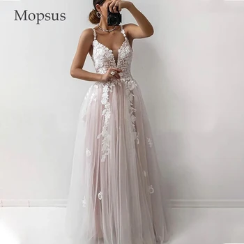 Seksi V Boyun Spagetti Sapanlar Dantel Aplikler düğün elbisesi Bir Çizgi Aç Geri Tül Kat Uzunluk gelinlik Robe De Mariee Özel