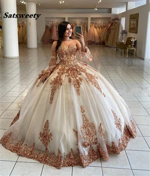 Sevgiliye Balo Prenses Kabarık Tatlı 16 Elbise Boncuklu Aplikler Quinceanera Elbiseler Yarım Kollu Vestidos De 15 Años