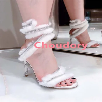 Sivri Burun Ayak Bileği Wrap Kürk Stiletto Sandalet Femmes Chaussures Beyaz Lüks Kürklü Yılan Sanda Kadın Marka Yüksek Topuklu Elbise Ayakkabı