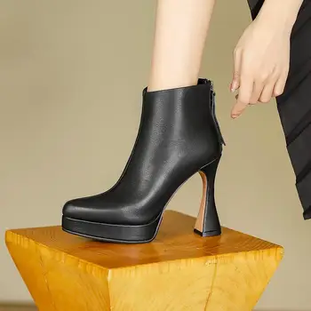 Size34-40 Fermuar Tasarım Sivri Burun Hakiki Deri Yüksek Topuk Kadın Çizmeler Su Geçirmez Kalın Alt Moda yarım çizmeler Ayakkabı