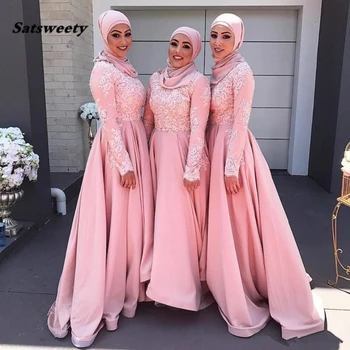 Son Müslüman Allık Pembe Nedime Elbiseleri Uzun Kollu Desenler Dantel Aplikler Saten Düğün Parti Elbisesi