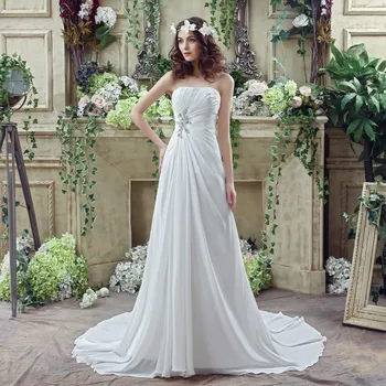 Straplez Şifon düğün elbisesi Peri mizaç Aplike Yapay inci Boncuk Ruffles gelin kıyafeti