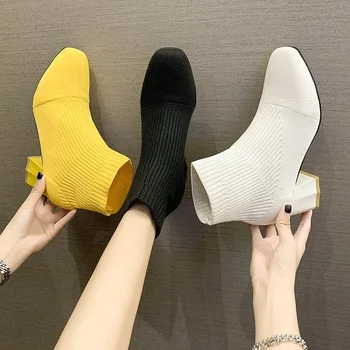 Streç Çorap Çizmeler Kadın Ayakkabıları Kare Topuk Sarı Örgü ayakkabı Elastik Pamuk Çizmeler Bayan Ayakkabıları