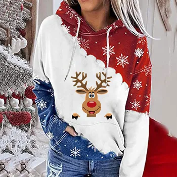 Tunic Zipper Sweatshirts Women Women'S Christmas Printed Color Block Hooded Long все по рублю кофта женская pantalon pour femme