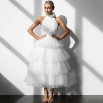 Ucuz Beyaz Kısa düğün elbisesi 2021 Vestido de Noiva Curto Yüksek Boyun gelinlik Tül Kek Katmanlı Etek Gelinlikler Midi