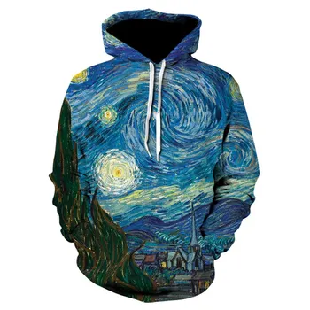 Van Gogh Yağlıboya Yıldızlı Gece 3D baskılı kapüşonlu svetşört Kadınlar / Erkekler Moda hip-hop pop Kazak Harajuku erkek Uzun kollu hoodie