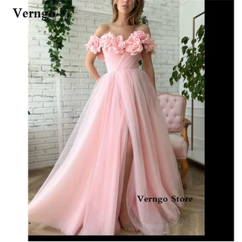Verngo Peri Pembe Bir Çizgi Tül Uzun Abiye Kapalı Omuz 3D Çiçekler Yarık Balo Abiye Kadınlar Gelin Örgün Parti elbise